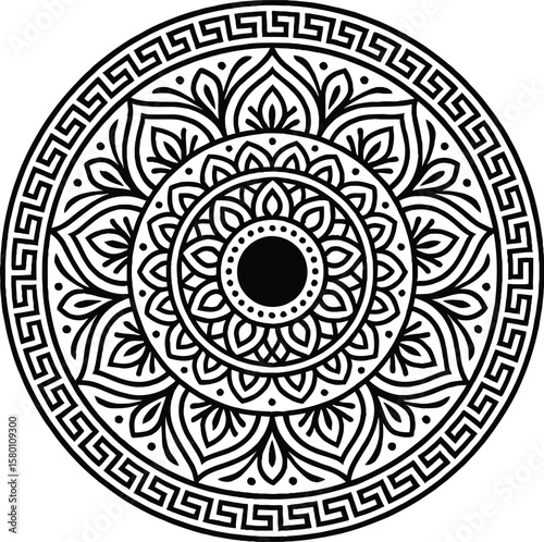 Black and White Circular Mandala Greek Key Border Floral Design