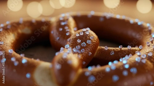 Soft pretzel adorned with sparkling sugar, festive background