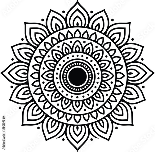 Black and White Circular Mandala Design Intricate Floral Pattern