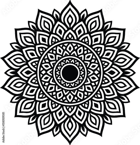 Black and White Circular Mandala Design Geometric Pattern