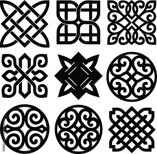 Nine Black and White Geometric Celtic Knot Designs