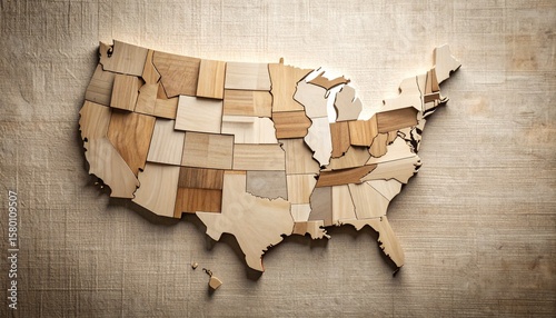 Modern USA map composed of abstract geometric blocks in neutral tones, laid over a textured linen canvas 