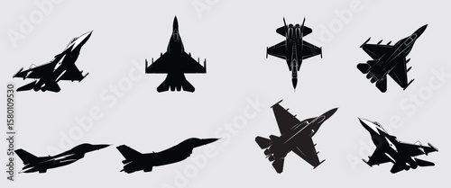 Set of Siluet of a military fighter plane against a white background