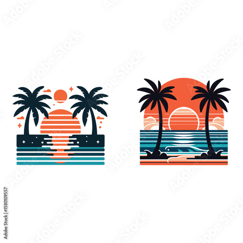  Minimal Retro Beach Sunset Badges with Palm Trees and Ocean Waves vector art