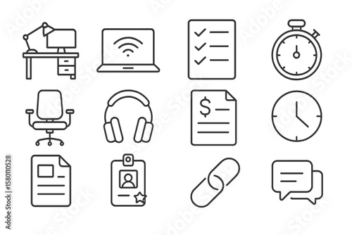 Office technology icons: desk, laptop, clock, headphones, id badge