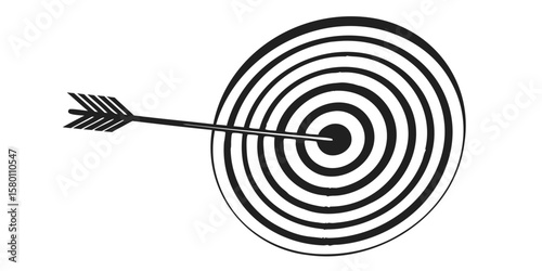 Arrow precisely hitting the center of a target with concentric circles in black and white illustration
