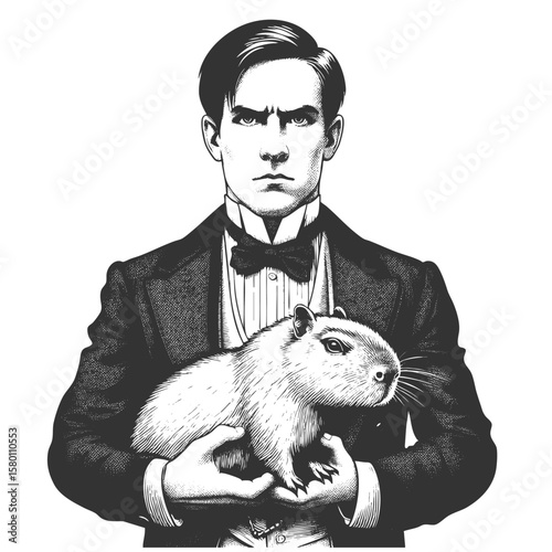 man in a tuxedo holding a calm capybara sketch engraving generative ai fictional character vector illustration. Scratch board imitation. Black and white image.