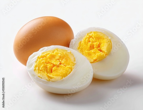 Two hard-boiled eggs; one whole, one halved, showcasing a vibrant yellow yolk and firm white.  Set against a clean white backdrop
