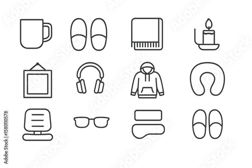 Cozy essentials: slippers, mug, headphones, hoodie, candle, pillow icons
