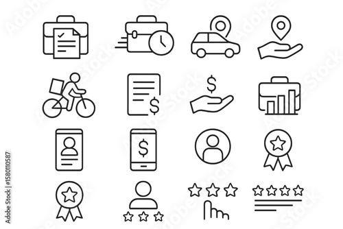 Business and delivery icons with awards and ratings on dark background
