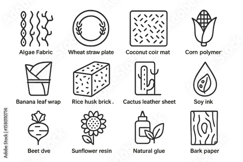 Eco-friendly materials icons: algae, wheat, coconut, corn, banana, rice, cactus