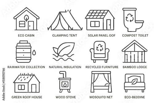 Eco-friendly living icons: sustainable homes, energy, and resources