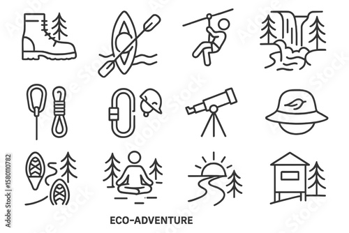 Outdoor adventure icons: hiking, kayaking, zip-lining, nature, camping, stargazing