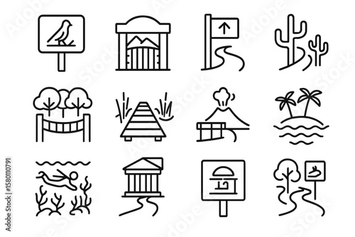 Simple outline icons of nature parks and hiking trails