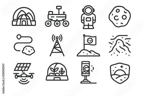 Space exploration icons: astronaut, rover, telescope, rocket, satellite