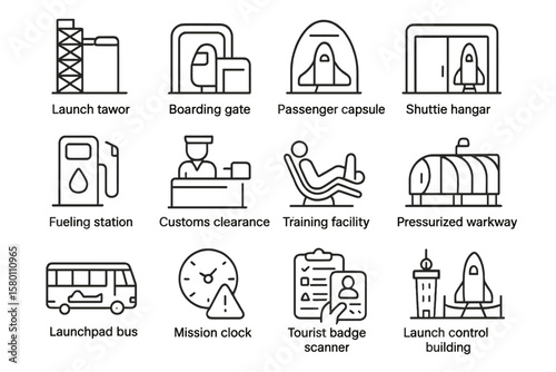 Spaceport icons: launch tower, capsule, hangar, training facility, control building