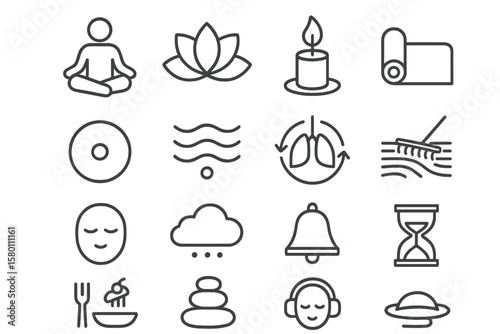 Set of minimalist wellness icons: meditation, yoga, relaxation, nature elements
