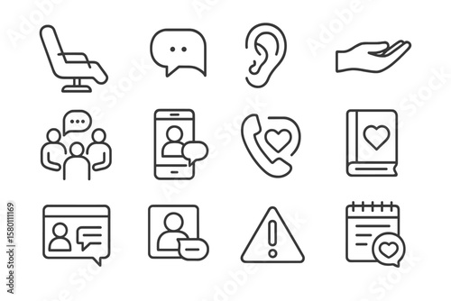 Minimalist communication and support icons set on dark background