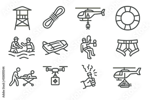 Rescue icons: helicopter, lifebuoy, drone, lifeguard, safety equipment