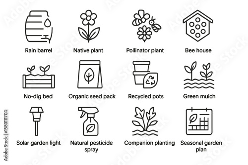 Icon set for sustainable gardening and eco-friendly yard practices