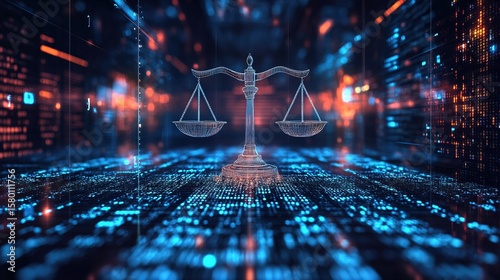 Neon-lit cyber law headquarters monitoring global online legal cases 