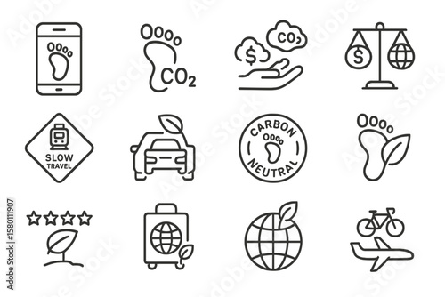 Eco-friendly travel icons for carbon neutral and sustainable journeys