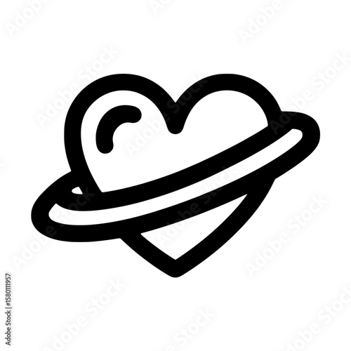 Heart with planetary ring vector icon, Minimalist vector illustration of a heart with a Saturn-style ring, symbolizing cosmic love, romance, or universal affection in modern design.

