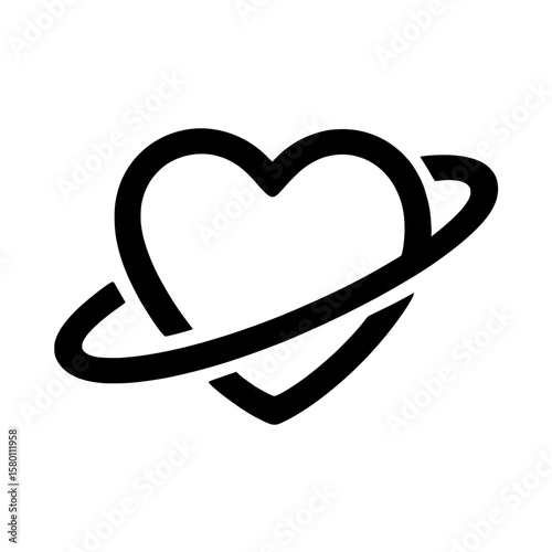 Heart with planetary ring vector icon, Minimalist vector illustration of a heart with a Saturn-style ring, symbolizing cosmic love, romance, or universal affection in modern design.

