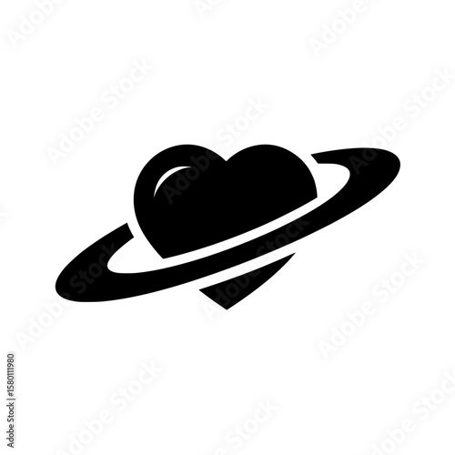 Heart with planetary ring vector icon, Minimalist vector illustration of a heart with a Saturn-style ring, symbolizing cosmic love, romance, or universal affection in modern design.

