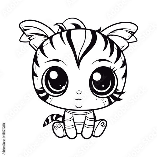 Cute Cartoon baby Zebra kawai outlined for coloring book isolated on a white background.