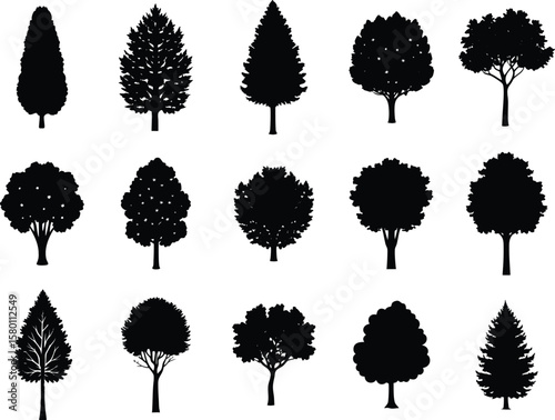 Collection of tree silhouettes showcasing diverse species and shapes on white background