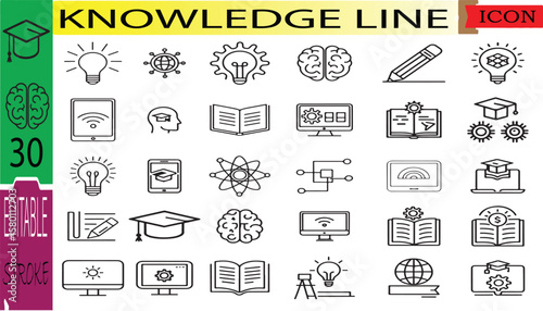 Knowledge line icon set. Set of 30 outline icons related to knowledge, innovation, smart, education, idea, E-learning, study and others. Editable stroke. Vector