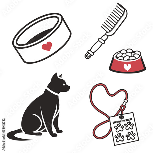 Collection of cute cartoon cat accessories including food bowls comb and leash