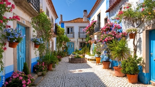 Charming Narrow Cobblestone Street Surrounded by Whitewashed Houses and Colorful Flowers in Obidos