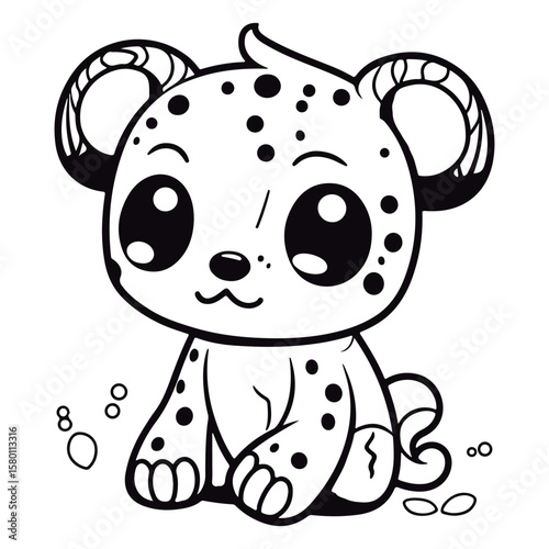 A black and white drawing of a baby Panther kawai coloring page illustration.