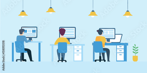 Three people working at desks with computers under hanging lights in a light blue office space