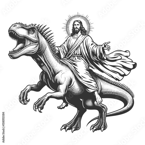 Jesus Christ with halo riding a dinosaur sketch engraving generative ai fictional character vector illustration. Scratch board imitation. Black and white image.