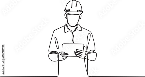 Engineer holding tablet in continuous one line drawing, minimalist technician illustration in editable vector style

