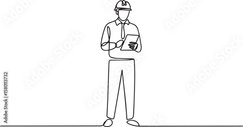 Engineer holding tablet in continuous one line drawing, minimalist technician illustration in editable vector style

