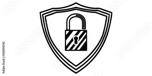 Illustration of a shield with triple outline containing an open padlock with diagonal stripes inside