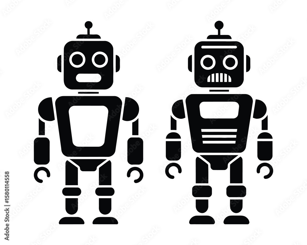 Two retro-style robot illustrations with square heads and mechanical limbs in black and white vector graphics for vintage tech designs