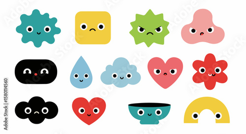 A collection of colorful, cartoonish shapes with expressive faces, isolated on white.