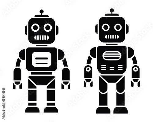 Retro-style robot illustrations with square heads and mechanical limbs, black and white vector  illustration