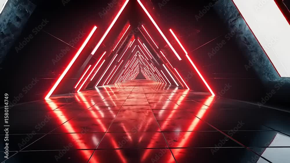Futuristic corridor illuminated by red neon lights, reflecting on polished floor, creating depth