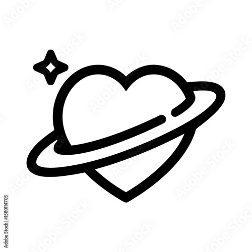 Heart planet outline icon with ring and star, Minimalist outline vector of a heart with a planetary ring and a star, symbolizing cosmic love, universal affection, or space-themed romance.

