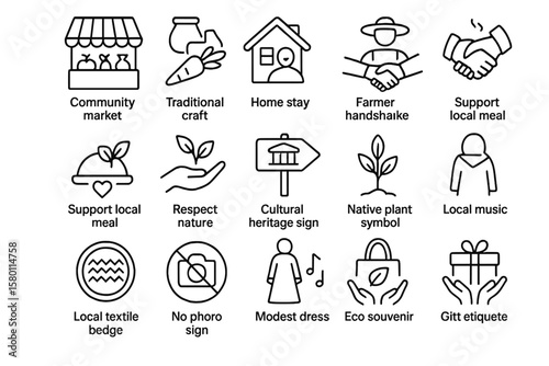 Sustainable tourism icons: local markets, craftsmanship, cultural heritage, eco-friendly