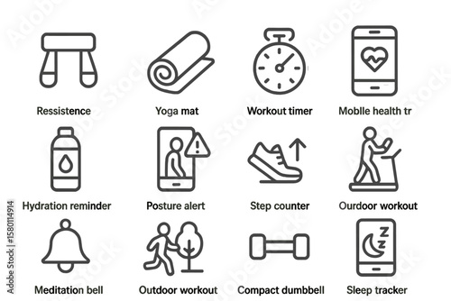 Fitness icons set featuring yoga, exercise, and workout essentials