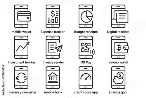 Mobile apps icons for finance and payments on gray background