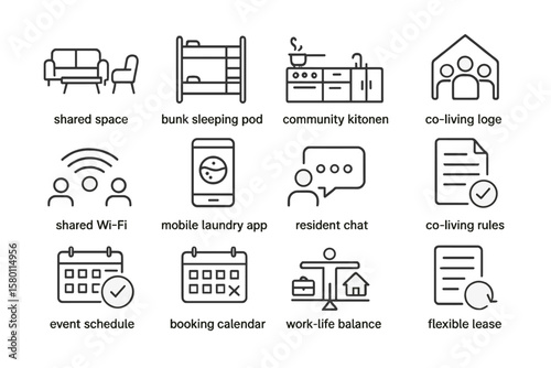 Co-living space icons: amenities and features for community living
