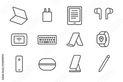 Modern tech gadgets collection: tablet, smartwatch, wireless headphones, stylus